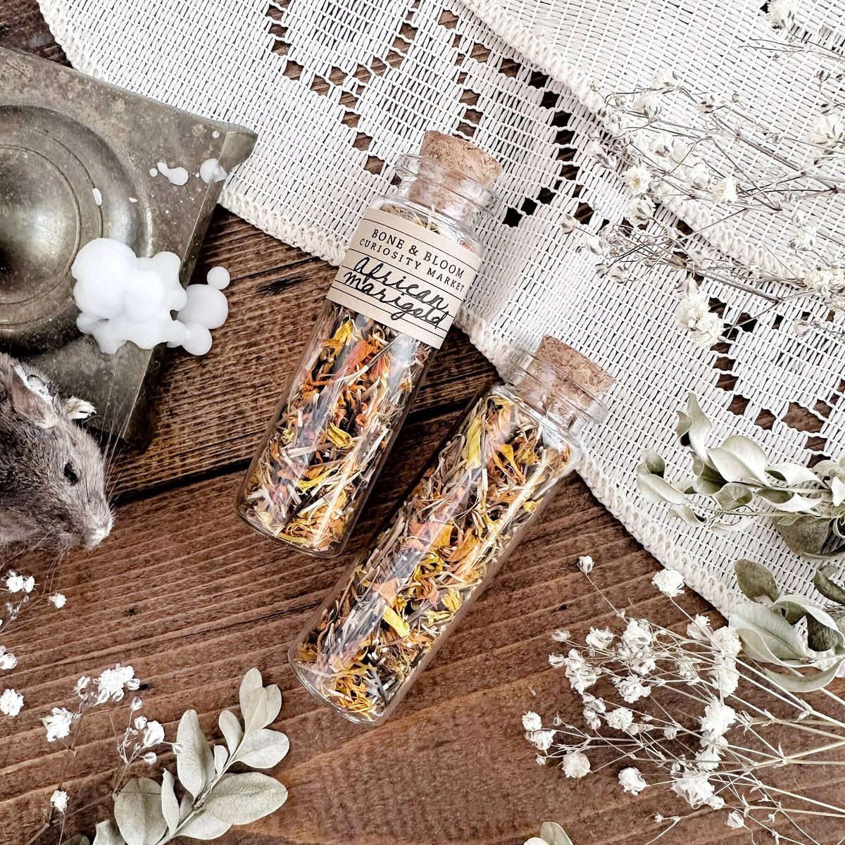 Dried African Marigold Petals in Glass Vial