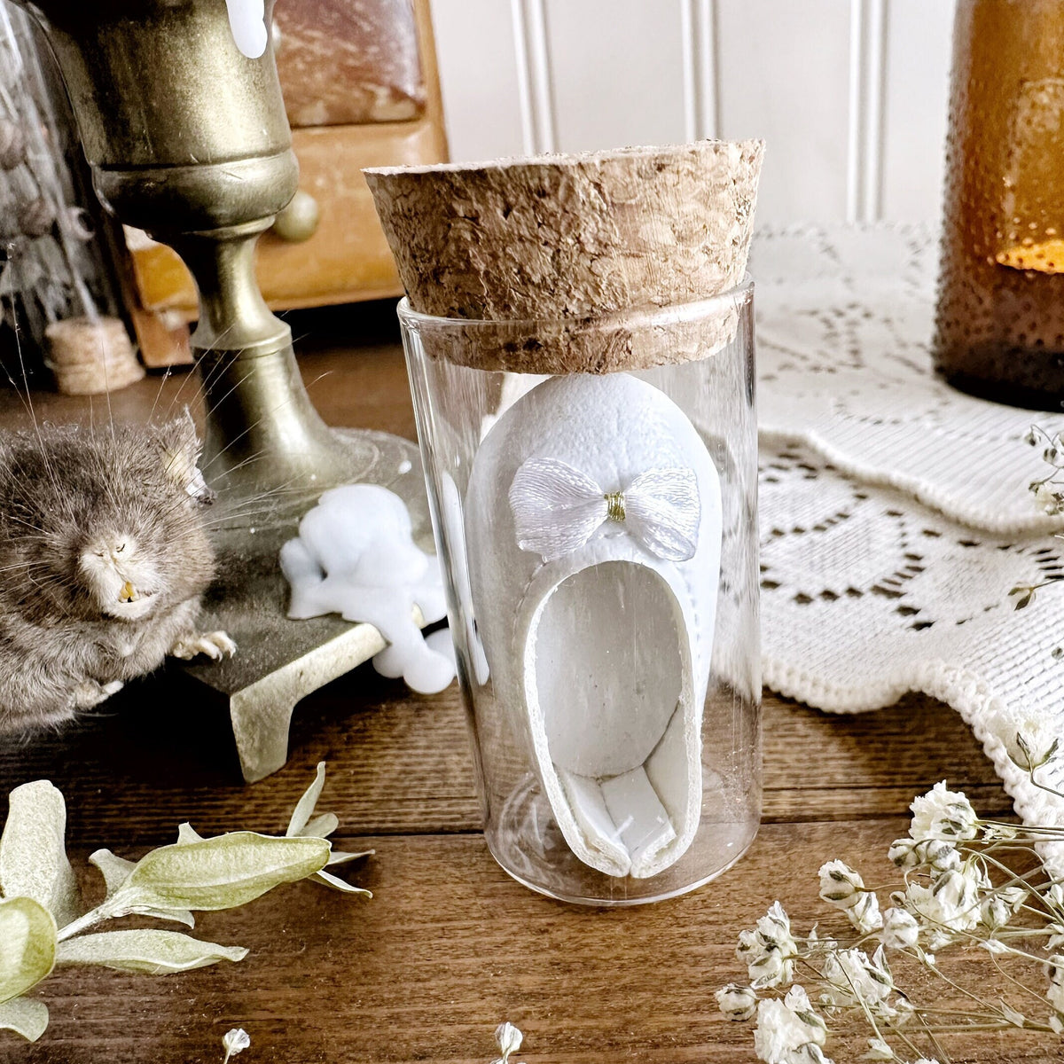 Little White Doll Shoe in Glass Vial – No. 14