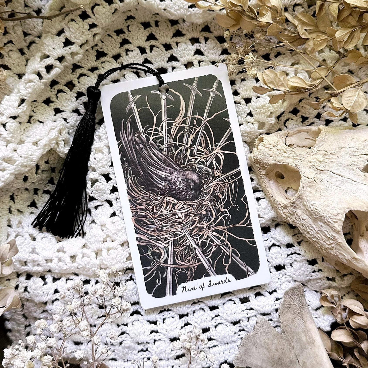 Handmade Crow Tarot Bookmark– Nine of Swords