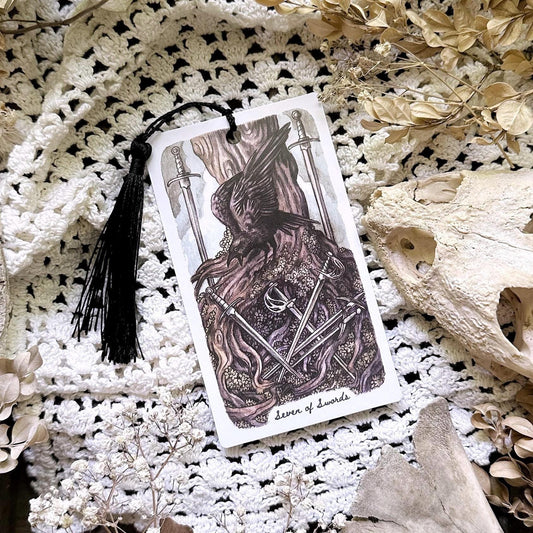 Handmade Crow Tarot Bookmark– Seven of Swords