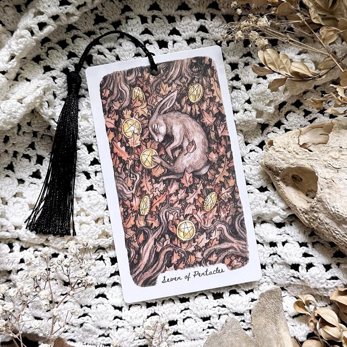 Sleeping Woodland Rabbit Tarot Bookmark– Seven of Pentacles