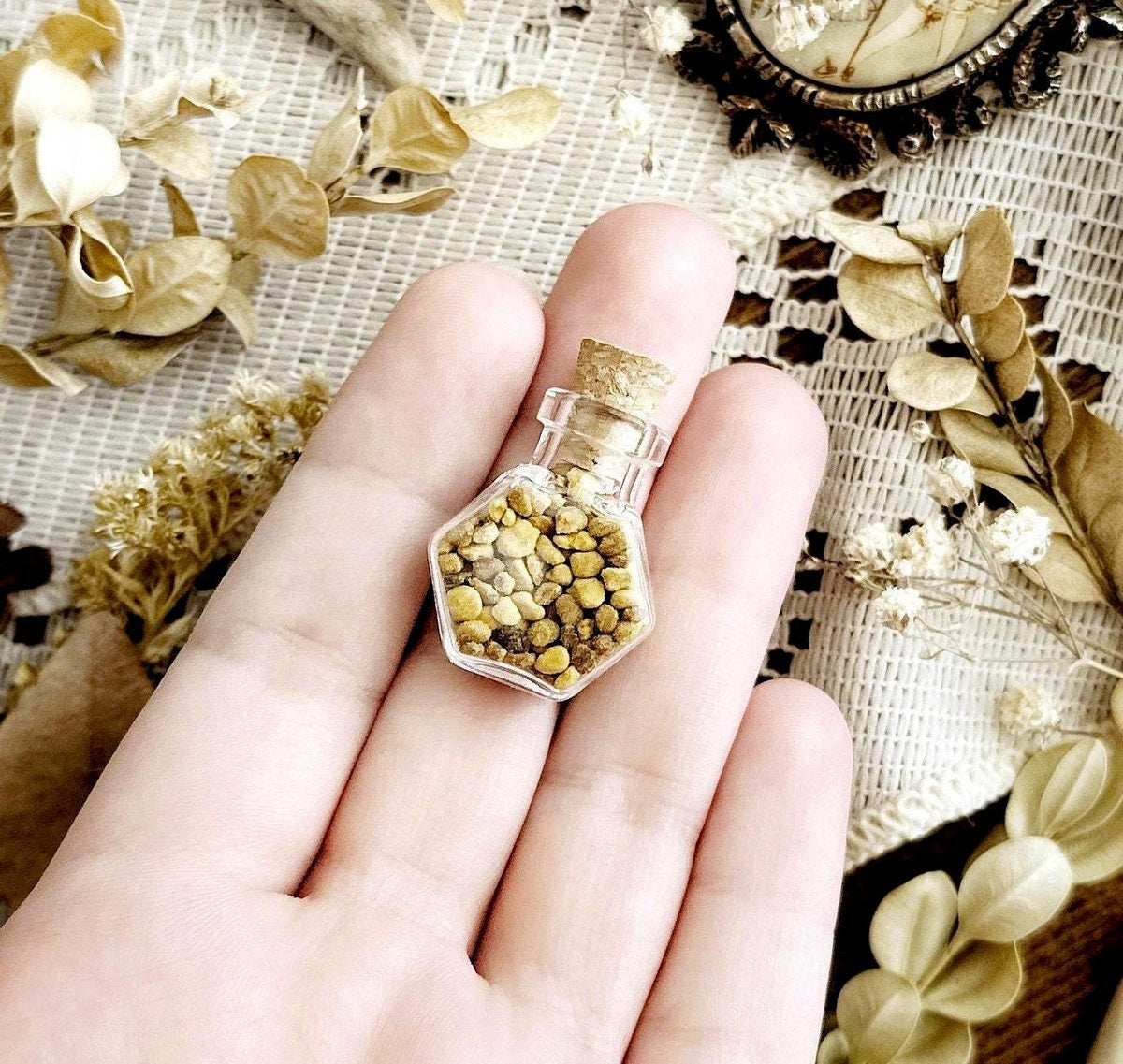 Bee Pollen Granules  in Tiny Glass Hexagon Vial