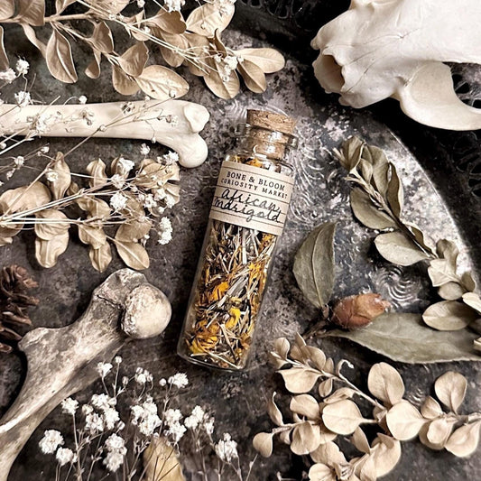 Dried African Marigold Petals in Glass Vial