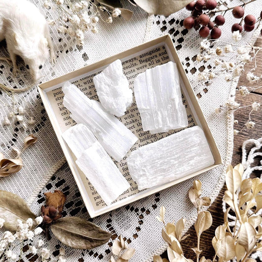 Collection of 5 Real Selenite Crystals in Kraft Box